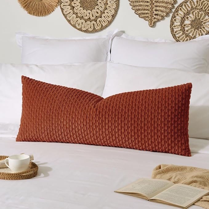 Kevin Textile Soft Corduroy 14"x36" Lumbar Pillow Cover 1 Pack, Rust | Fall Boho Stripe Plush Corduroy Decorative Oblong Cushion Cover Modern Farmhouse Home Decor for Sofa Couch Bed Chair
