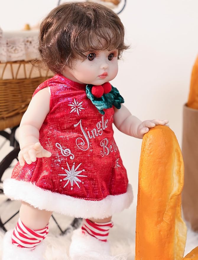 Baby Dolls, 18 Inch Realistic Reborn Full Vinyl Baby Doll with Brown Curly Hair, Hand-Painted Freckles & Cozy Red Outfit for Girls Ages 3+, Pretend Play, Display & Collection