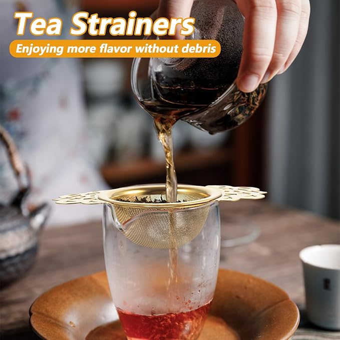 8 Pack Tea Strainer Bowl, 304 Stainless Steel Tea Drain Strainer Tea Filter Mesh Tea Drip Bowls Teapot Strainers With Petal Handles Tea Divider for 2.5-4 Inch Cup Mouth (silver, gold)