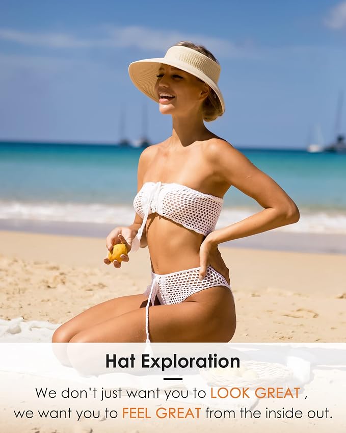 FURTALK Womens Sun Hat with Ponytail Hole Wide Brim Beach Straw Visor | Foldable & Packable for Beach Vacations, Adjustable Fit for Messy Buns, Detachable Windproof Strap, Sweat-Wicking Inner Band