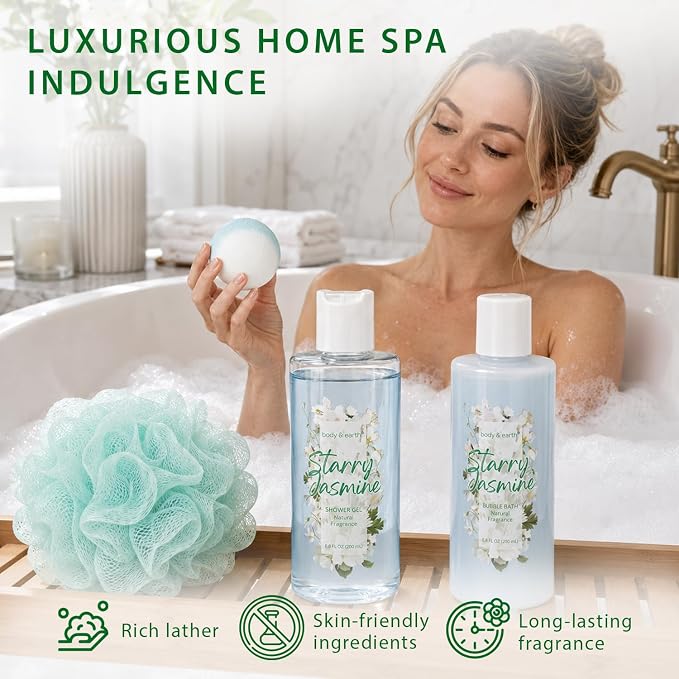 Body & Earth Gift Baskets for Women 11PCS Jasmine Spa Gift Sets for Her, Self Care Kit with Bubble Bath, Shower Gel, Lotion Set, Christmas Gifts for Mom