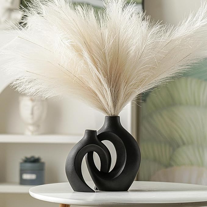 Lvases Snuggle Hollow Modern Ceramic Vase Set of 2 Nordic Pampas Grass Vase | Boho Aesthetic Decorative Vase for Home Decor coffee Table Centerpiece Living Room Book Shelf ( Matte Black W 6.3" X H 8.4" )