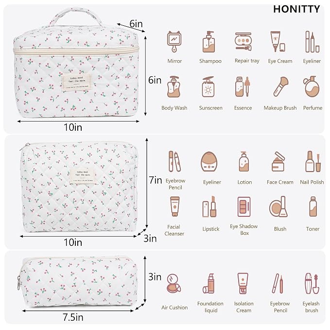 Makeup Bag,Quilted Cosmetic Bag,Large Floral Make Up Bag for Women,Cotton Makeup Bag Set,Flower Travel Toiletry Bag