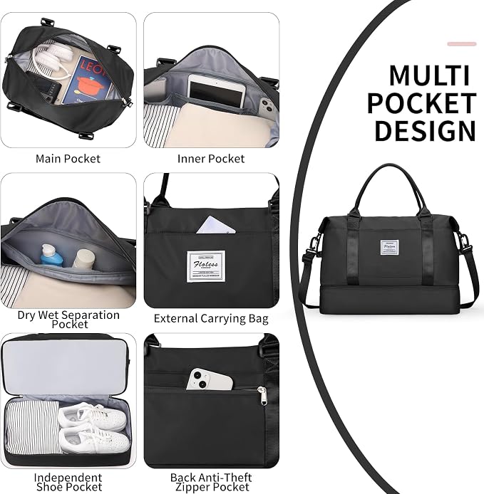 Travel Duffel Bag, Carry On Overnight Weekender Bags for Women | Travel Bag with Wet Pocket & Trolley Sleeve, For Spirit Airlines 18x14x8 Personal Item Bag