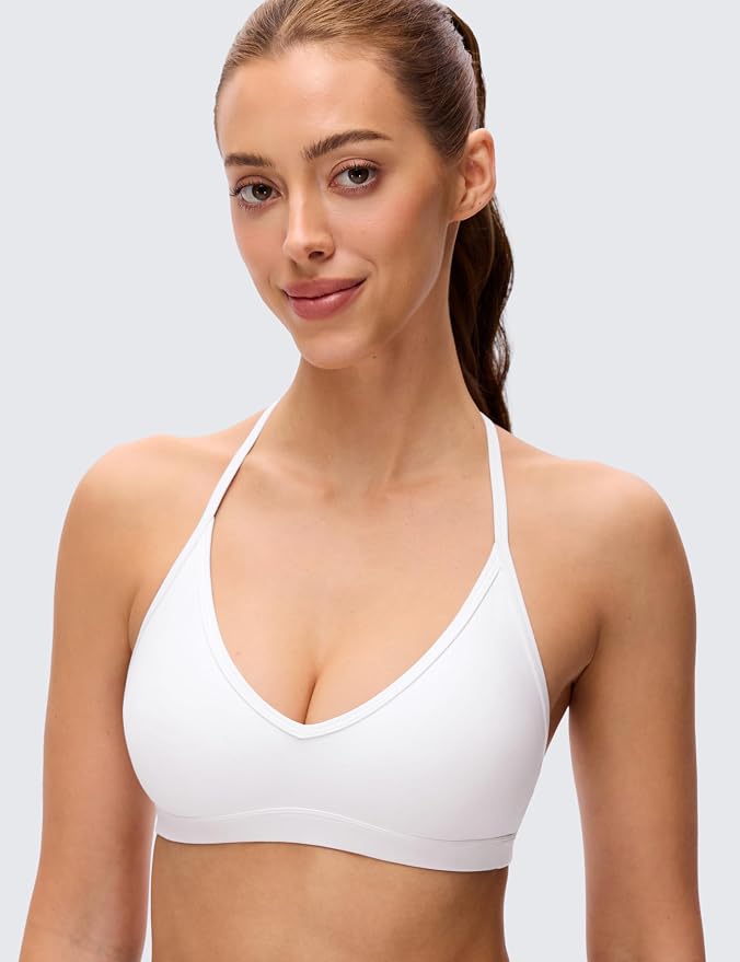 CRZ YOGA Butterluxe Soft Double Lined T-Back Sports Bras for Women - V Neck Adjustable Strap Yoga Crop Top Casual Non Padded
