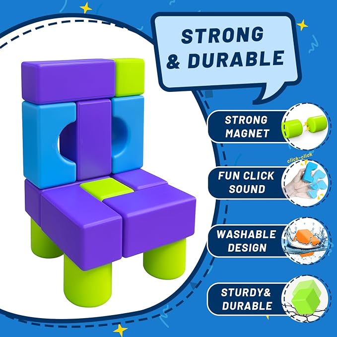 Magnetic Blocks for Kids, Magnet Building Blocks - Large 1.65 Inch Magnetic Cubes & Multiple 3D Shapes, Montessori & Sensory Stacking Toys for Boys & Girls Ages 3+ (22PCS)