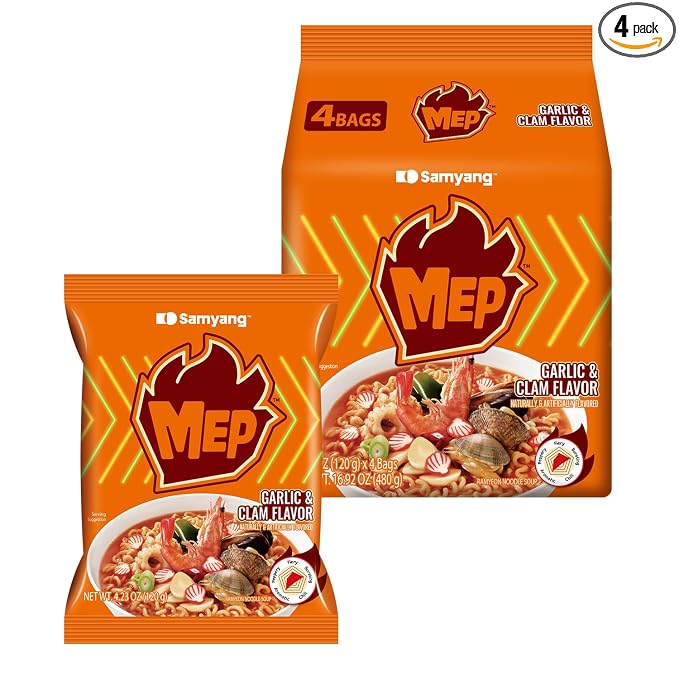 MEP Garlic Clam Bone Broth Korean Spicy Ramen Noodle Soup, 3.88 oz 4-Pack | ENHYPEN Pick; Refreshing garlic-clam seafood bone broth; Chewy qq-texture noodles; Stovetop easy-cook family pack
