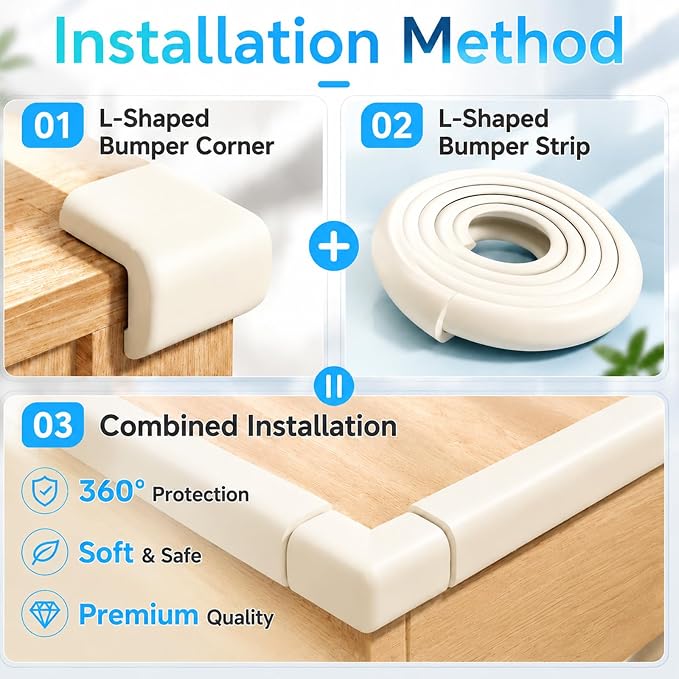 ZOMPAGO Baby Edge Protector Roll (6.56FT) & 4 Corner Guards - White Foam Furniture Corner Protectors - Baby Proof Corners and Edges for Table, Wall, Bed Frame - Baby Proofing Safety Bumpers