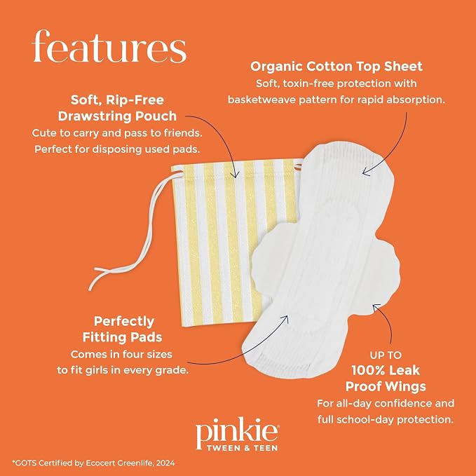 Pinkie Period Starter Pads - Designed for Smaller Underwear - Organic Cotton Topsheet Tween & Teen Pads with Wings - Chlorine Free & Fragrance Free - Teen Mini, 18 Count