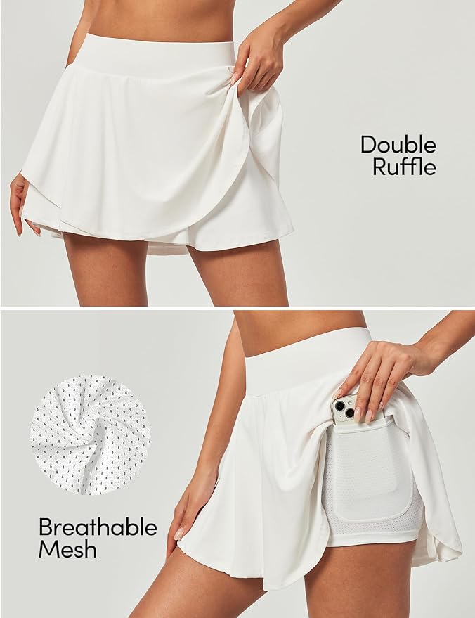 IUGA Tennis Skirt Pleated Skorts for Women with Pockets Skirts for Women | Double Ruffle Skort , Built-In Shorts, 2 Pockets, Tummy Control Breathable, Quick-dry, for Golf, Athletic, Running, Workout