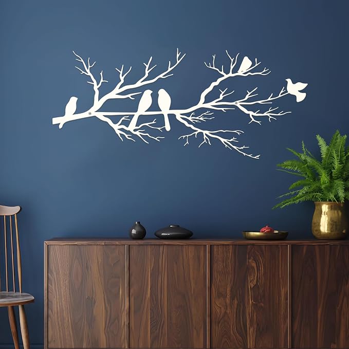 ESTART Metal Birds Wall Art, Metal Vivid Birds on Branch Silhouette Wall Decor White Leaves with Bird Outdoor Hanging Wall Sculpture for Home Living room Bedroom Balcony Garden (White, Small)