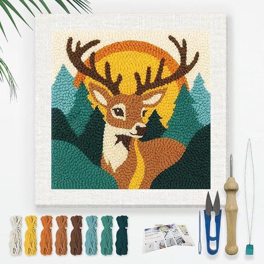 Doodlream Deer Forest DIY Punch Needle Embroidery Kit for Adult Beginner, 9.4" Deer Animal Punch Stitching Craft Set for Starter with Frame,Fabric Pattern,Threader, Yarn, Pinch Needle