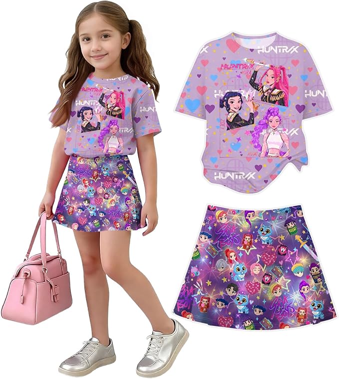 Girls 2-Piece Anime Outfit Set, Short Sleeve Graphic T-Shirt and Printed Skirt Set
