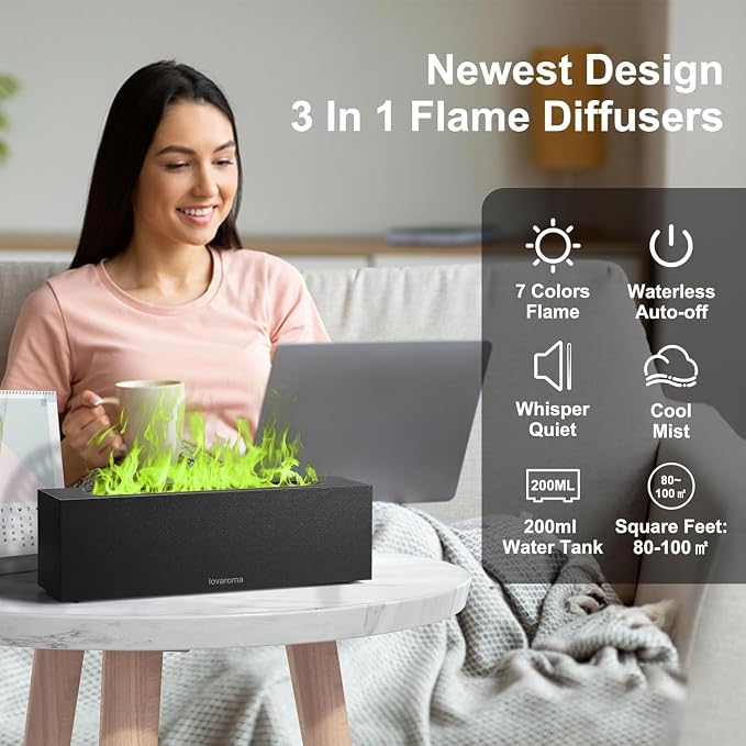 Flame Diffuser for Essential Oils - 200ml Ultrasonic Aroma Diffusers with 7 Color Flame Light Aromatherapy Diffuser & Cool Mist Humidifier for Home, Office, Bedroom, Type-c Cable, Auto-Off Protection