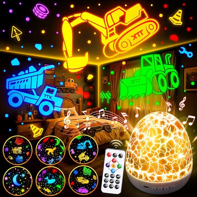 Pikoy Construction Excavator Toys【15 Sounds & 6 Films】Truck Toys for Ages 5-7[31 Colors & Remote Control] Dinosaur Egg Light for Nursery Toddler Boys Birthday Gifts 1-8 Years Old Easter Gifts for Kids