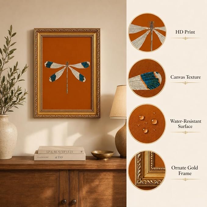 Gold Framed Dragonfly Wall Art,Antique Insect Picture Wall Decor11x9in | Burnt Orange Background Canvas Print Cottagecore For Bedroom, Study,Hallway,Entryway
