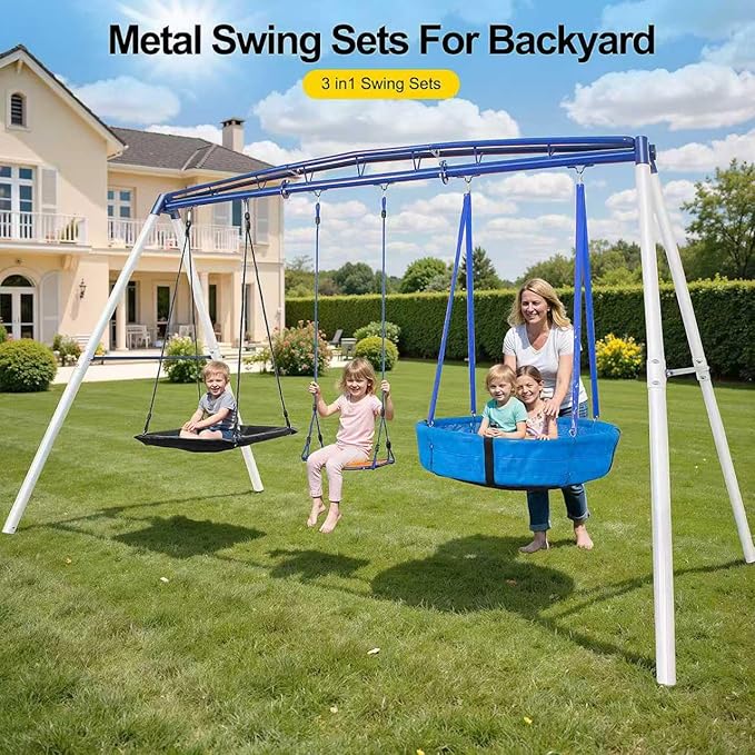 3-in-1 Heavy Duty Metal Swing Set for Backyard, A-Frame Outdoor Playset with Platform Swing, Toddler Barrel & Square Swings, 800lb Kids Playset