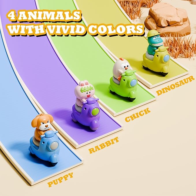 Press and Go 4-Pack Animal Car Toys for Toddlers 1-3, Dinosaur Toys Push Cars for 1 Year Old Boys Girls - Baby Toys 12-18 Months, Safe Push & Go Vehicles for 1st Birthday Gifts & Christmas.