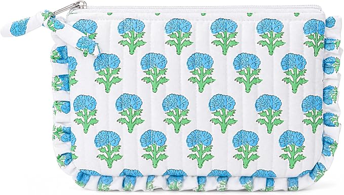 Gilprop Floral Makeup Bag Cute Cosmetic Bags for Women Travel Toiletry Bag with Ruffles Large Capacity Zipper Makeup Pouch Purse Organizer for Girls Brushes Skincare