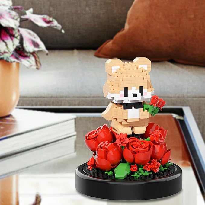Artificial Flower Animal Toy Building Set for Adult,Mini Bear Plant Bonsai Tree Friend Set for Girl,Botanical Collection Gift for Kids,Office Home Decor Building Block,Birthday Gift for Women