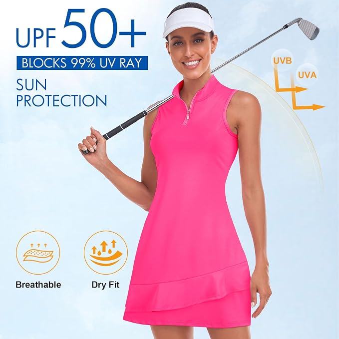 Viracy Tennis Dress for Women Sleeveless Golf Dresses with Shorts and Pockets Ruffle Zip Up Stand Collar Golf Outfits
