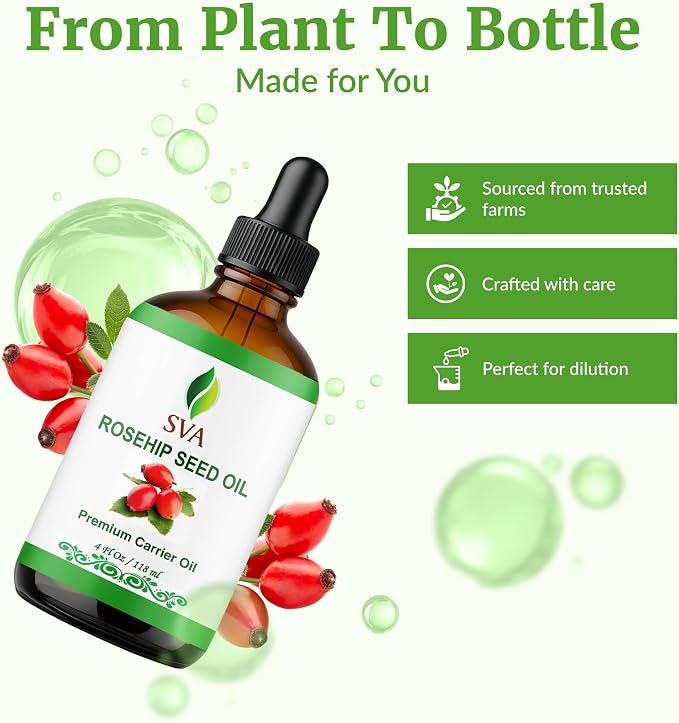 SVA Rosehip Seed Oil 4 Fl Oz - for Face, Skin Care, Hair Care, Scalp Massage & Body Massage – Carrier Oil with Dropper