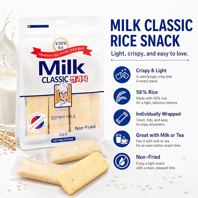 56% Milk Classic Korean Milk Rice Crackers, 33.84 oz 4 Pack | asian snack, oven baked, non fried, wrapped sticks, light crispy texture, tea coffee pairing, lunchbox pantry