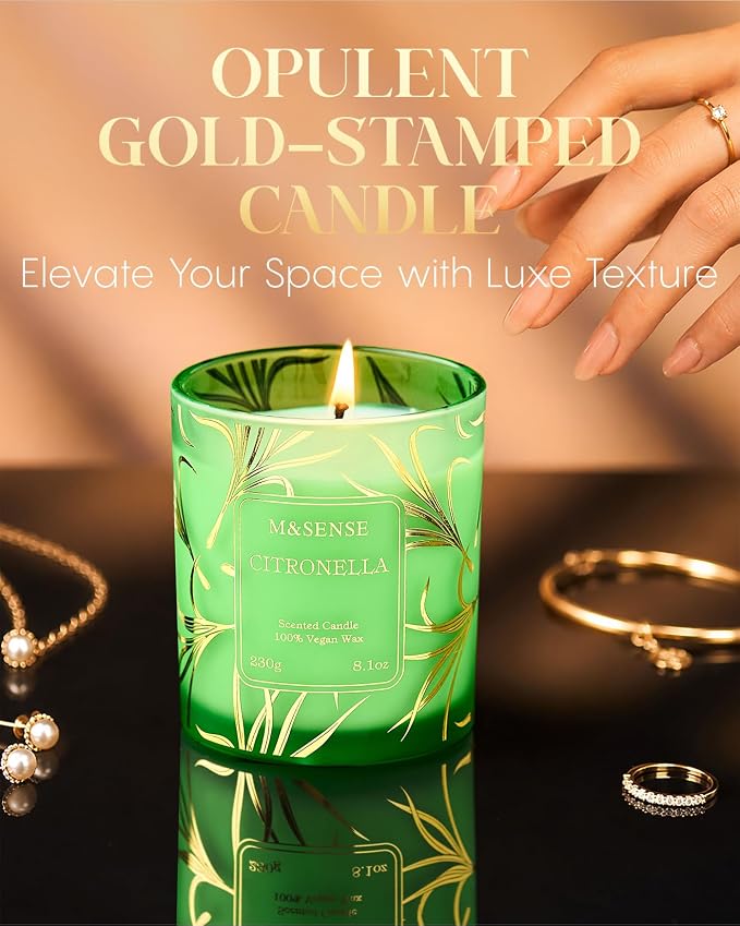 M&SENSE Citronella Soy Candle, 8.1oz Gilded Glass, Outdoor Summer Refresh | 42H Slow Burn, Crisp Citronella, Non-Toxic, Phthalate Free, Warmer Safe, Reusable Patio Glass