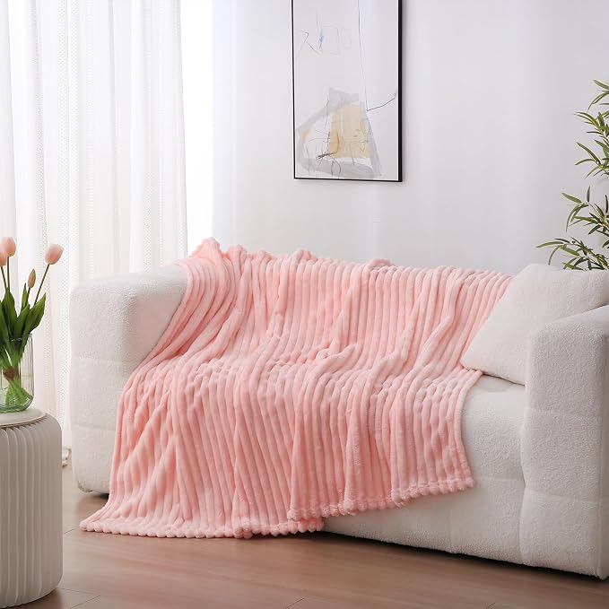 Light Pink Fleece Throw Blanket 60”×80” for Couch Sofa Livingroom | Super Soft Cozy Plush Microfiber Flannel Bed Blanket Striped Design Lightweight Home Decor Gifts for Adults Mom Women