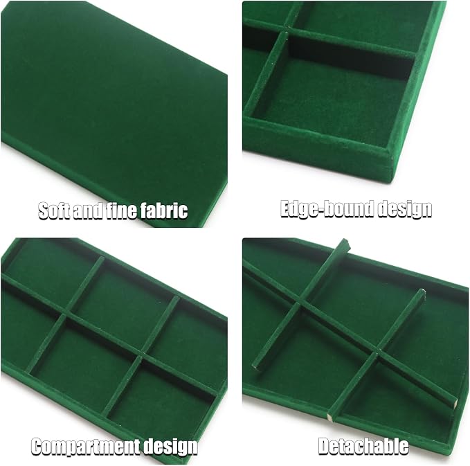 Velvet Jewelry Trays for Drawers, Dark Green 6 Grids | Stackable Jewelry Drawer Organizer, Ring Earring Necklace Bracelet Holder Organizer Display Tray with Removable Dividers