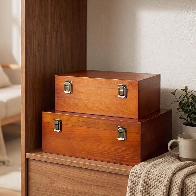 Sliner 2 Pcs Wooden Decorative Storage Boxes with Lids Vintage Wood Organizer Bins for Your Bookshelf Home Decor Safely Store Photos Documents Memory Jewelry Craft Storage (Warm Brown,S M Size)