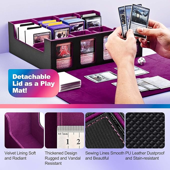 UAONO Trading Card Storage Box with Commander Display; 2400+ Deck Box for MTG with Removable Cover; Top Loaders Card Case fits Magic TCG PTCG Sports Cards; 24 Dividers, 4 Stoppers (Black, Purple)
