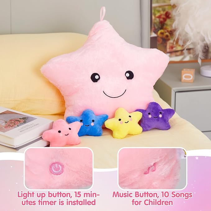 WEWILL 13 Inches Musical Light up Star Plush Toys with 4 Little Stuffed Stuffed Animal LED Night Light Stuffed Animal with Babies Birthday Easter Christmas for Toddler Kids Girls