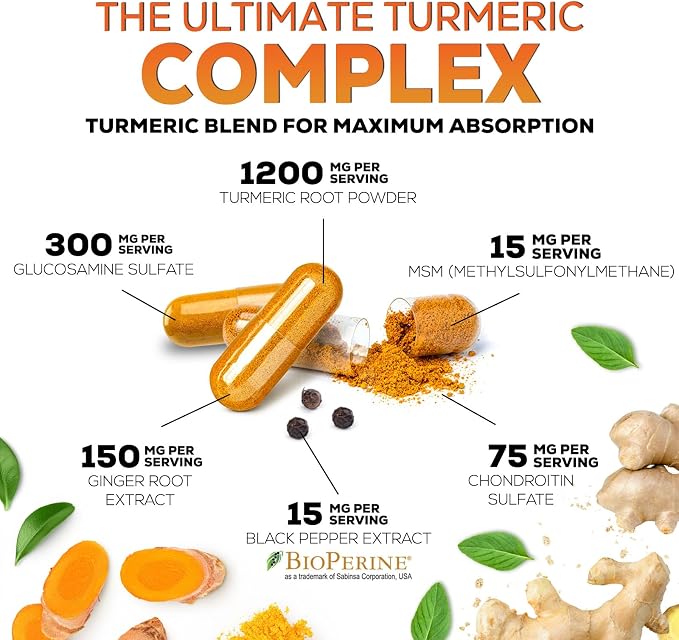 Turmeric Curcumin Supplement - 95% Curcuminoids with Glucosamine, Ginger & MSM, BioPerine Black Pepper Extract for Best Absorption, Natural Vegan Joint Support, Non-GMO, Bottled in USA - 60 Capsules