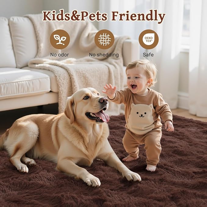 Coffee Brown 5x7 ft Fluffy Rug for Living Room,Fur Bedroom Area Rugs Non-Slip,Carpet for Nursery Kids PlayRoom Indoor Modern Plush Carpets