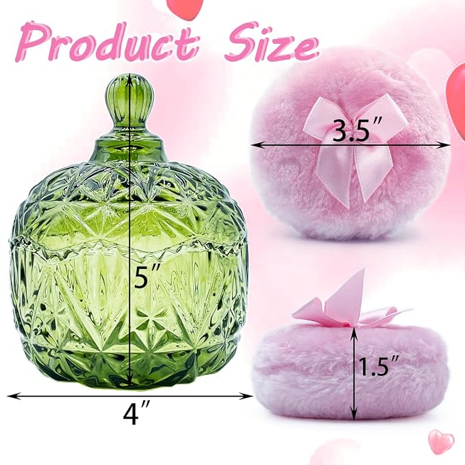 4" Glass Dusting Powder Container with 2 Fluffy Puffs,Cute 3.5" Soft Body Powder Puff and Jar Set(Crown-olive green)