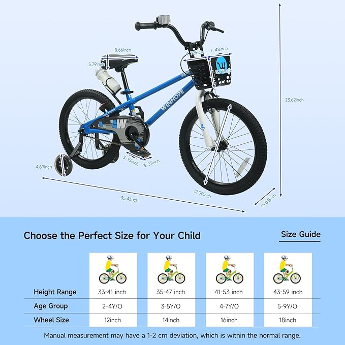 WinHope Kids Bike, 12-18 Inch Toddler Bicycle with Removable Training Wheels and Dual Brakes, Children Bike for Beginner with Adjustable Seat and Headlebar for 2-9 Years Boys Girls, Multiple Colors