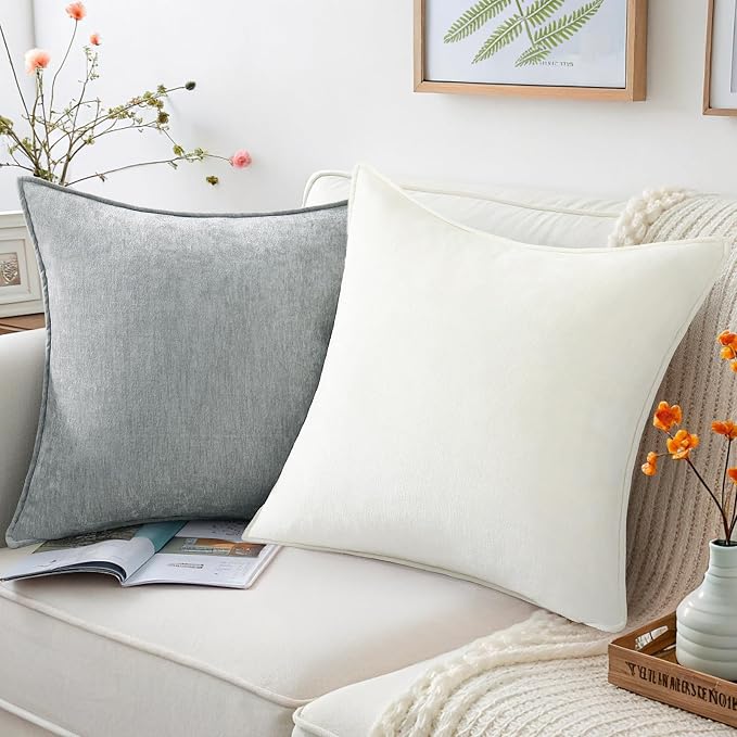 decorUhome Chenille Ultimate Gray Throw Pillow Covers 24x24 Set of 2 | Fall Soft Euro Sham Couch Decorative Modern Velvet Pillow Cases with Elegant Design for Sofa Bed Living Room Home Decor