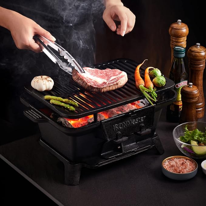 IronMaster Hibachi Grill Outdoor, Small Portable Charcoal Grill, Pre-Seasoned Cast Iron, Japanese Yakitori Camping Grill - 2 Heights, Air Control, Coal Door, Ideal for 2 People