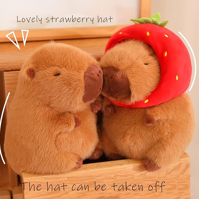 Cute Capybara Stuffed Animal with Wearable Toast Headset, Gifts for Kids (9 Inches, Strawberry Capybara)