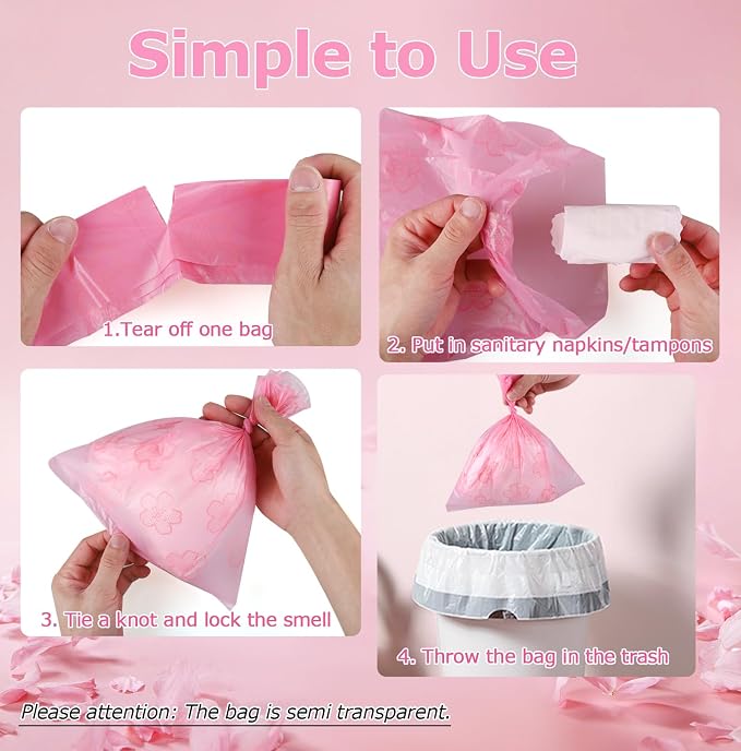 300PCS Cherry Blossom Scented Sanitary Napkin Disposal Bags, Pink Disposable Sanitary Bag Personal Care Disposal for Tampons Trash Bag, Disposable Mini Bags for Women Privacy Handling Bag Diaper Sack