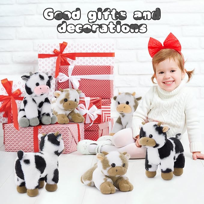 Tezituor 6 Pcs Large Cow Stuffed Animals Set, 10 Inch Stuffed Cow Plush Toy for Party Decoration, Cute Cow Plush Bulk for Boys Girls