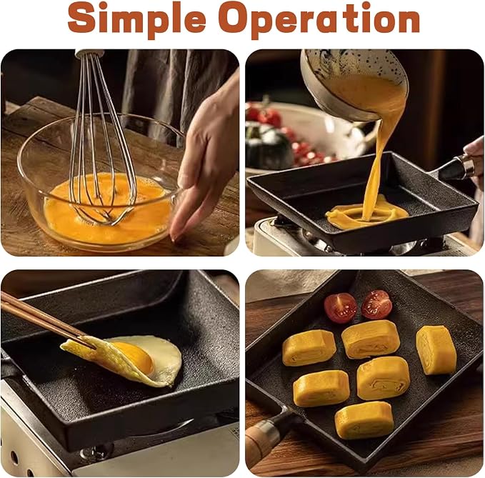 OUKENS Japanese Cast Iron Tamagoyaki Pan Nonstick, Multifunctional Square Japanese Egg Pan, Detachable Wood Handle, Oven Safe, for Omelets, Steak and Camping,6.1 x 7.3 Inch