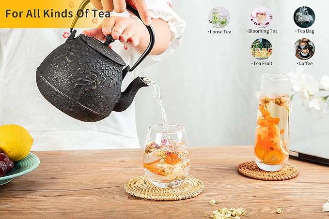 Tea Kettle, TOPTIER Japanese Cast Iron Teapot with Infuser for Loose Leaf and Tea Bags, Stovetop Safe Cast Iron Tea Kettle Coated with Enameled Interior for 40 oz (1200 ml), Beige