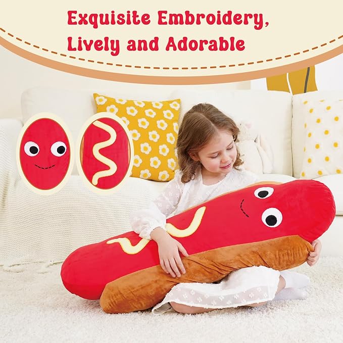 Giant Hot Dog Plush Pillow – 35 Inch Funny Food Plush Toy, Soft Stuffed Hot Dog Pillow, Oversized Hugging Cushion, Jumbo Plushie for Kids, Birthday