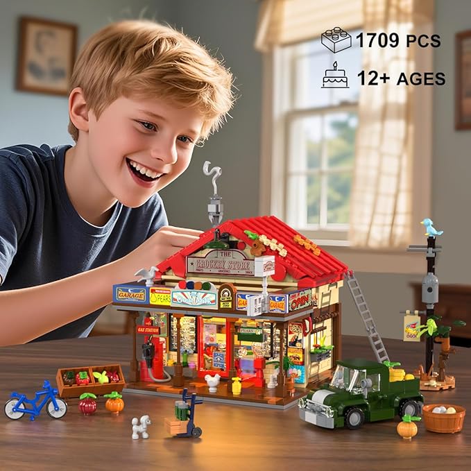 Country General Store Building Set for Adults with Lights, 1709 PCS Vintage Shop House Construction Building Block Kit, Home Decor Cabin Architecture Model for Women Men Teens Boys Girls 12+