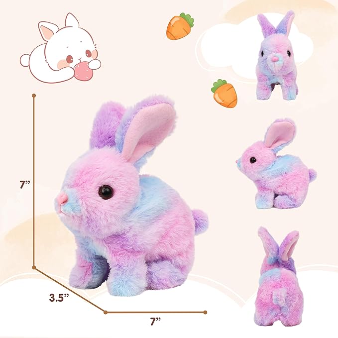 Easfan Hopping Bunny Toys Interactive Pet Plush Bunny with Sounds and Movements Ears Moving Educational Plush Toy Easter Birthday Gifts for Kids Girls, 7'',Rainbow
