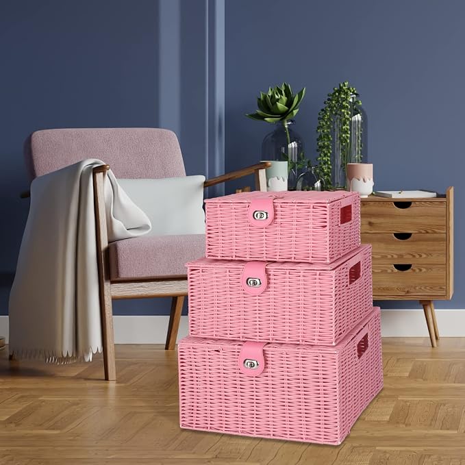 Honygebia Pink Wicker Storage Baskets - Set of 3 Decorative Nesting Boxes with Lids, Woven Basket with Lock & Handle, Organizer for Beauty Makeup Bathroom Decor
