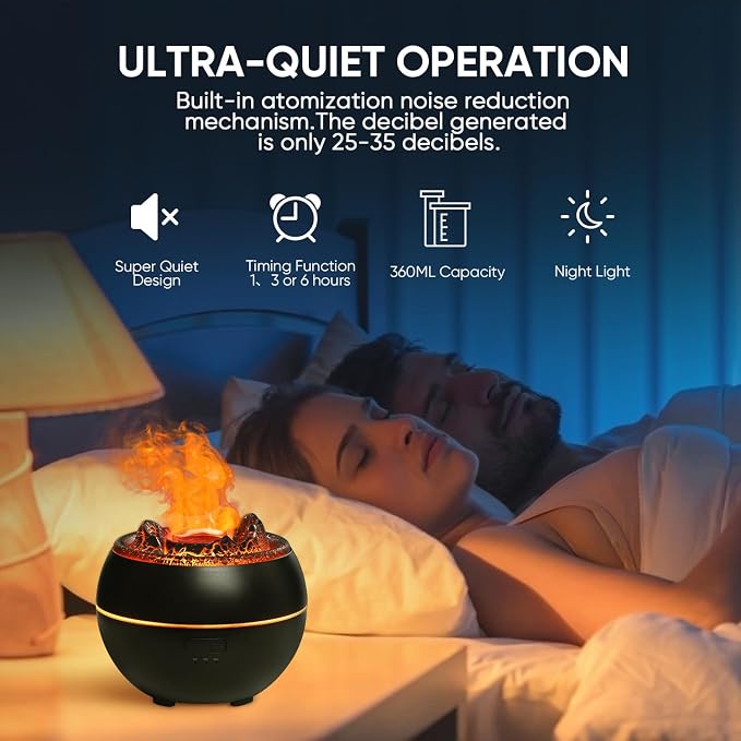 YALEDI Essential Oil Diffuser, Volcano Fire Flame Aromatherapy Diffuser, 360ml Ultrasonic Cool Mist Humidifier, Scent Aroma Diffuser with 7 Colors Light, Timer & Auto Shut-Off for Home, Room (Black)