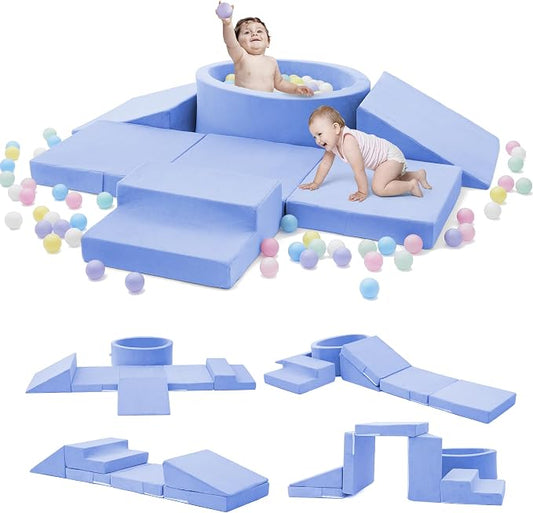 Elftopia Foam Climbing Blocks with Ball Pit & Stairs for Toddlers Aged 1-3 -Soft Playset for Indoor Crawling, Foam Playground Set for Baby to Active Playing Inside -(Balls NOT Included),Light Blue